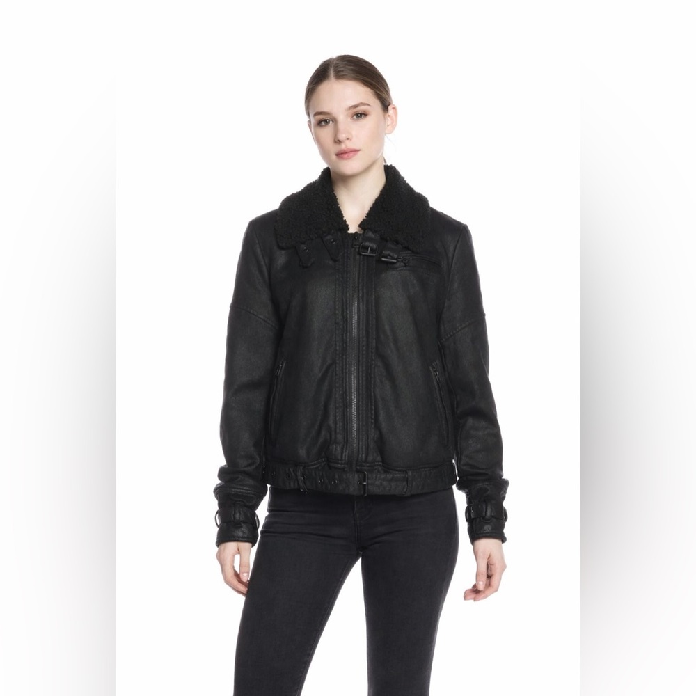 Free People black Vegan Leather Sherpa Collar MotoJacket size XSmall